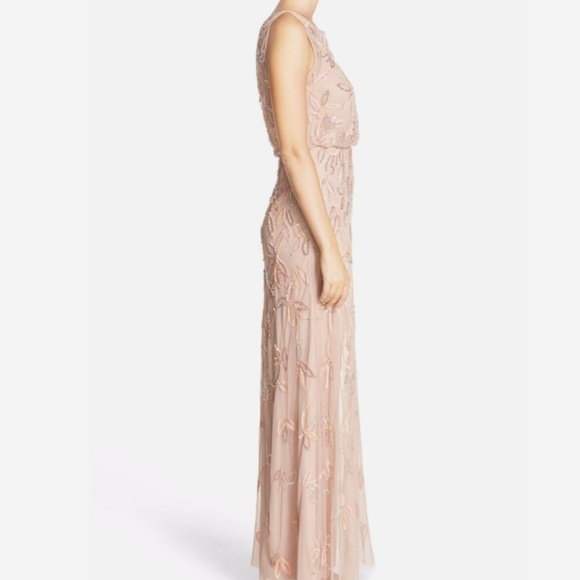 NEW Adrianna Papell Blush Pink Floral Beaded Mesh Illusion Blouson Gown  Size 4P - Picture 5 of 9